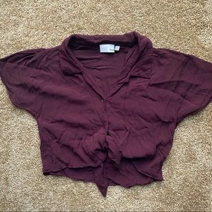 Aritzia Wilfred Burgundy Tie-Front Crop Blouse